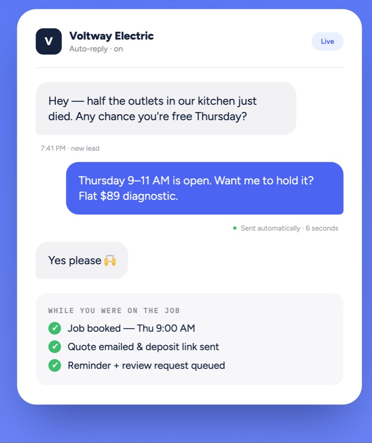 An automated text reply booking a job while the owner is working